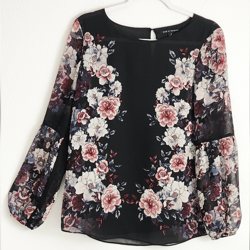 Zac & Rachel Women's Black Floral Bishop Sleeve Blouse Lined Sz M